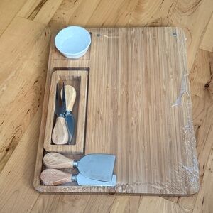 Cheese Board Set with Utensils and Dip Dish - Natural Wood